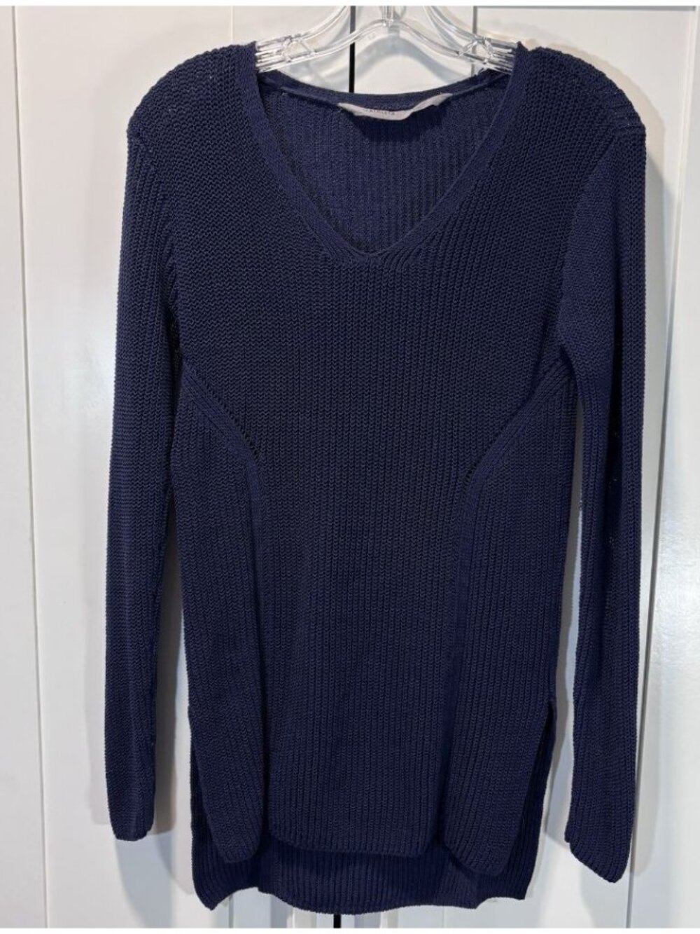 Athleta Cotton Knit Tunic Sweater Long Sleeve V-Neck Hi-Low Navy Blue Women’s XS
